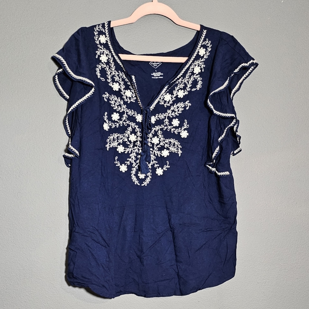 St John's Bay Navy White Embroidered Frilly V-Neck Blouse Size L